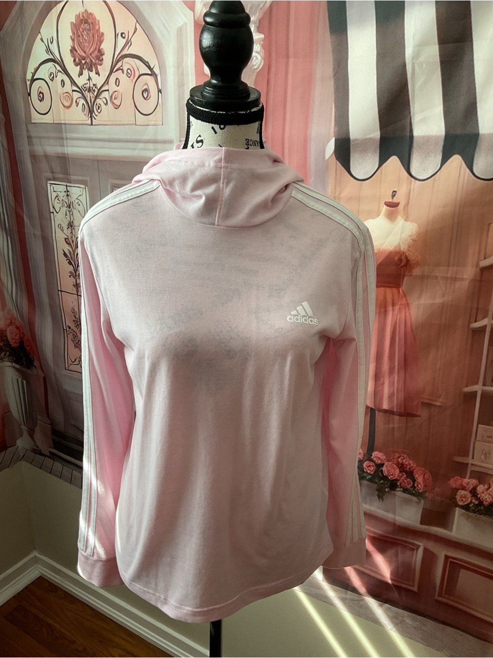 adidas Light Pink Hooded Women's Long Sleeve Top with White Stripes